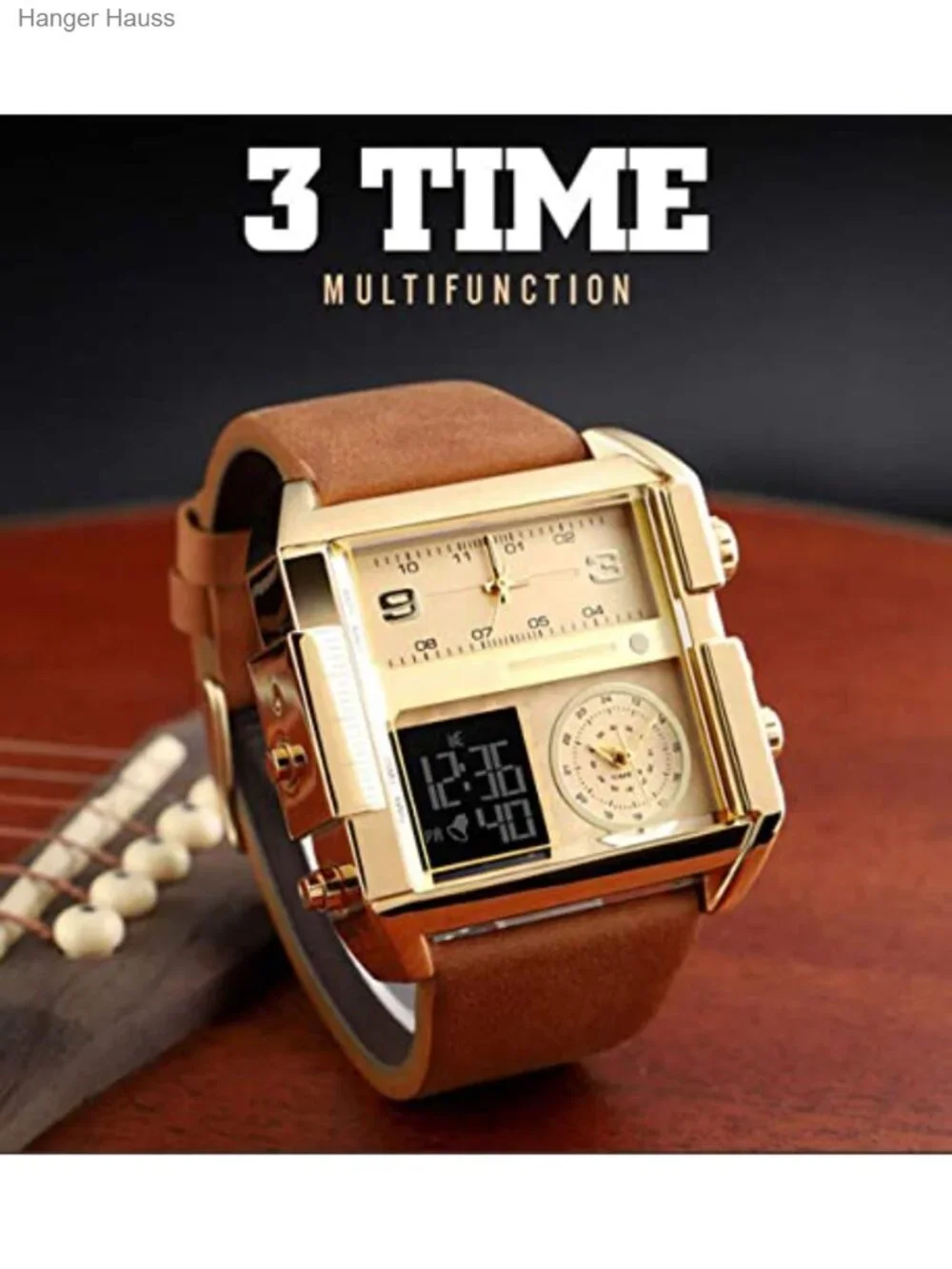 Men's Square Large Face Analog Digital Sport Watch Leather Band Chronograph